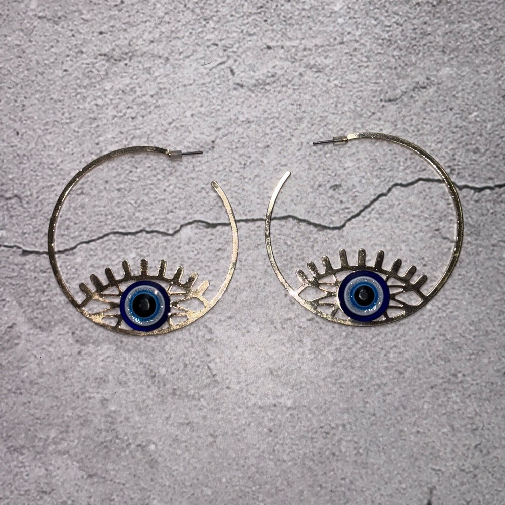 Gold Evil Eye Hoop Earrings - Picture 7 of 8